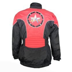 A used black and red Polo-Tex Road winter touring jacket in size M. In fair condition with wear marks, it is a waterproof textile jacket designed for cold weather, featuring reflector stripes, adjustable fit, and pockets for optional shoulder, elbow, and back protectors.