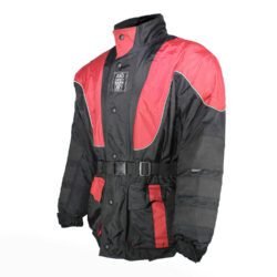 A used black and red Polo-Tex Road winter touring jacket in size M. In fair condition with wear marks, it is a waterproof textile jacket designed for cold weather, featuring reflector stripes, adjustable fit, and pockets for optional shoulder, elbow, and back protectors.