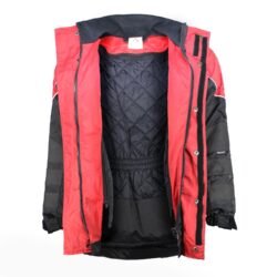 A used black and red Polo-Tex Road winter touring jacket in size M. In fair condition with wear marks, it is a waterproof textile jacket designed for cold weather, featuring reflector stripes, adjustable fit, and pockets for optional shoulder, elbow, and back protectors.