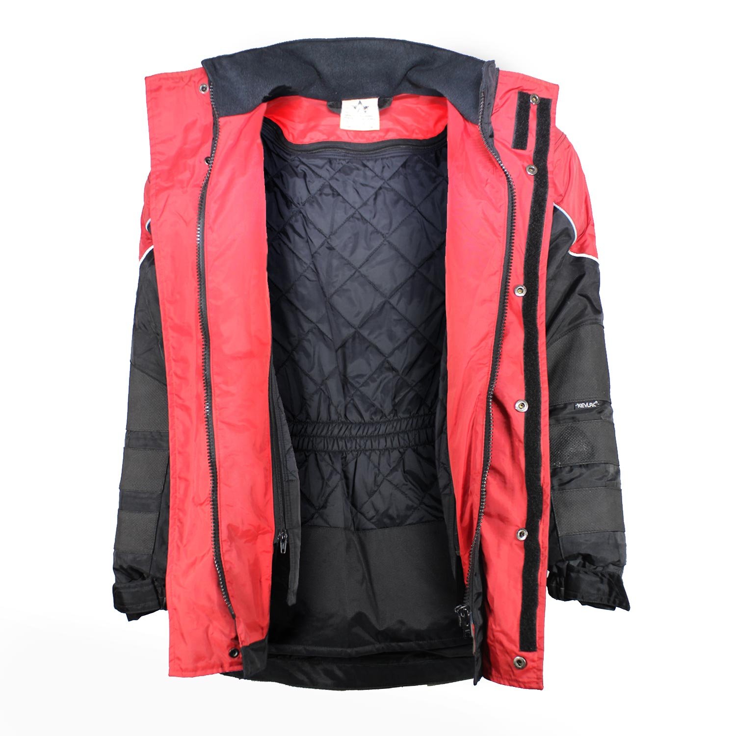 A used black and red Polo-Tex Road winter touring jacket in size M. In fair condition with wear marks, it is a waterproof textile jacket designed for cold weather, featuring reflector stripes, adjustable fit, and pockets for optional shoulder, elbow, and back protectors.