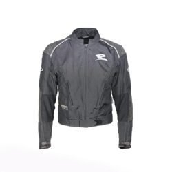 A used black and grey Probiker casual jacket in a mixed leather and textile design, size 50. In good condition with minor wear, it features a DryGate waterproof membrane, a full-circumference zipper for pants, and comes without the thermal liner