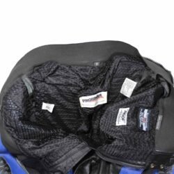 A pair of used black and blue Probiker racing leather pants in size 58 XXXL. In good condition with minor marks, they feature knee protection, a full-length zipper to attach a racing jacket, and placeholder Velcro for knee sliders.