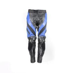 A pair of used black and blue Probiker racing leather pants in size 58 XXXL. In good condition with minor marks, they feature knee protection, a full-length zipper to attach a racing jacket, and placeholder Velcro for knee sliders.