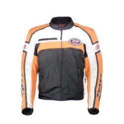A used black, orange, and crème IXS 79 Racing Team textile jacket in size L. In fair condition with some wear, pulled threads, and potential fading, it features protection at the back, shoulders, and elbows, a removable thermal liner, and a full-length connection zipper.