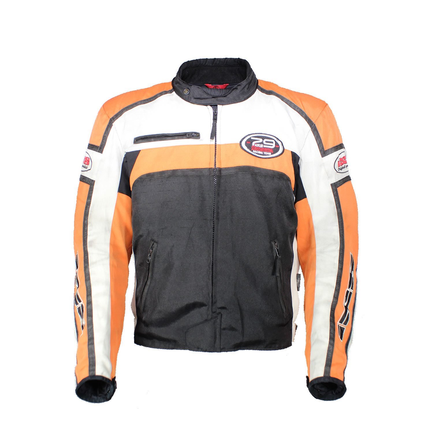 A used black, orange, and crème IXS 79 Racing Team textile jacket in size L. In fair condition with some wear, pulled threads, and potential fading, it features protection at the back, shoulders, and elbows, a removable thermal liner, and a full-length connection zipper.