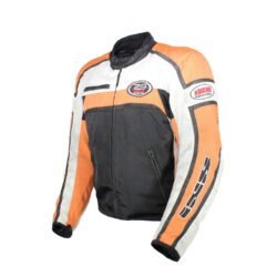 A used black, orange, and crème IXS 79 Racing Team textile jacket in size L. In fair condition with some wear, pulled threads, and potential fading, it features protection at the back, shoulders, and elbows, a removable thermal liner, and a full-length connection zipper.