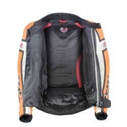 A used black, orange, and crème IXS 79 Racing Team textile jacket in size L. In fair condition with some wear, pulled threads, and potential fading, it features protection at the back, shoulders, and elbows, a removable thermal liner, and a full-length connection zipper.