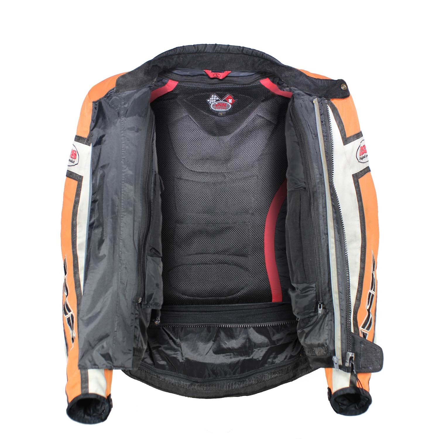 A used black, orange, and crème IXS 79 Racing Team textile jacket in size L. In fair condition with some wear, pulled threads, and potential fading, it features protection at the back, shoulders, and elbows, a removable thermal liner, and a full-length connection zipper.
