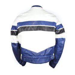 A used blue and white Richa leather jacket in a vintage Café-Racer style, size 3XL. In fair condition with minor scratches and wrinkles, it features soft foam protection at the elbows and shoulders, and a full-length zipper to connect to pants.