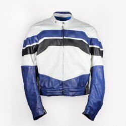A used blue and white Richa leather jacket in a vintage Café-Racer style, size 3XL. In fair condition with minor scratches and wrinkles, it features soft foam protection at the elbows and shoulders, and a full-length zipper to connect to pants.