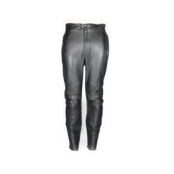 Used black Harro Skin Power street leather pants in size 54 with an 84 cm waist. Condition is very good at 8/10 with only very minor surface scratches. Includes foam protectors for knees and hips, and features all-round and short connection zippers for a combi jacket. Note: the elastic waistband may show signs of aging.