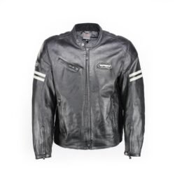 A used black Spidi leather jacket in a Café-Racer style, size 56. In very good condition with only minor scratches, it features protection at the elbows and shoulders, and a pants clip.