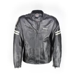 A used black Spidi leather jacket in a Café-Racer style, size 56. In very good condition with only minor scratches, it features protection at the elbows and shoulders, and a pants clip.