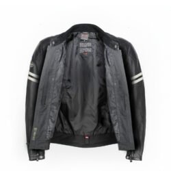 A used black Spidi leather jacket in a Café-Racer style, size 56. In very good condition with only minor scratches, it features protection at the elbows and shoulders, and a pants clip.