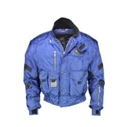 A used blue Spidi vintage casual textile jacket in size S. In good condition with minor wear, it features removable sleeves and shoulder protectors, a detachable thermal liner, front air vents, multiple pockets, and a pants clip.