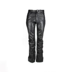 A pair of used vintage-style Highway 1 black leather pants, size 50 with an 86 cm inner leg. Features a classic five-pocket design. Condition is very good with one defect: a slight matte spot on the left thigh where the leather has lost its gloss