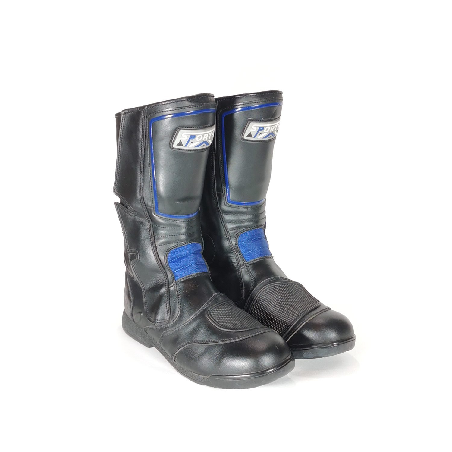 Used black and blue leather sports touring boots in size 43. Condition is fair at 6/10 with small scratches from normal use. Features protection for heel, toes, gear lever, ankle, and shin. The waterproof membrane is no longer functional.