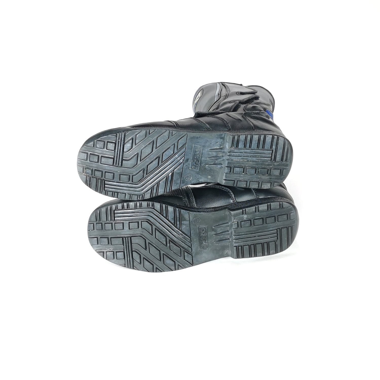 Used black and blue leather sports touring boots in size 43. Condition is fair at 6/10 with small scratches from normal use. Features protection for heel, toes, gear lever, ankle, and shin. The waterproof membrane is no longer functional.