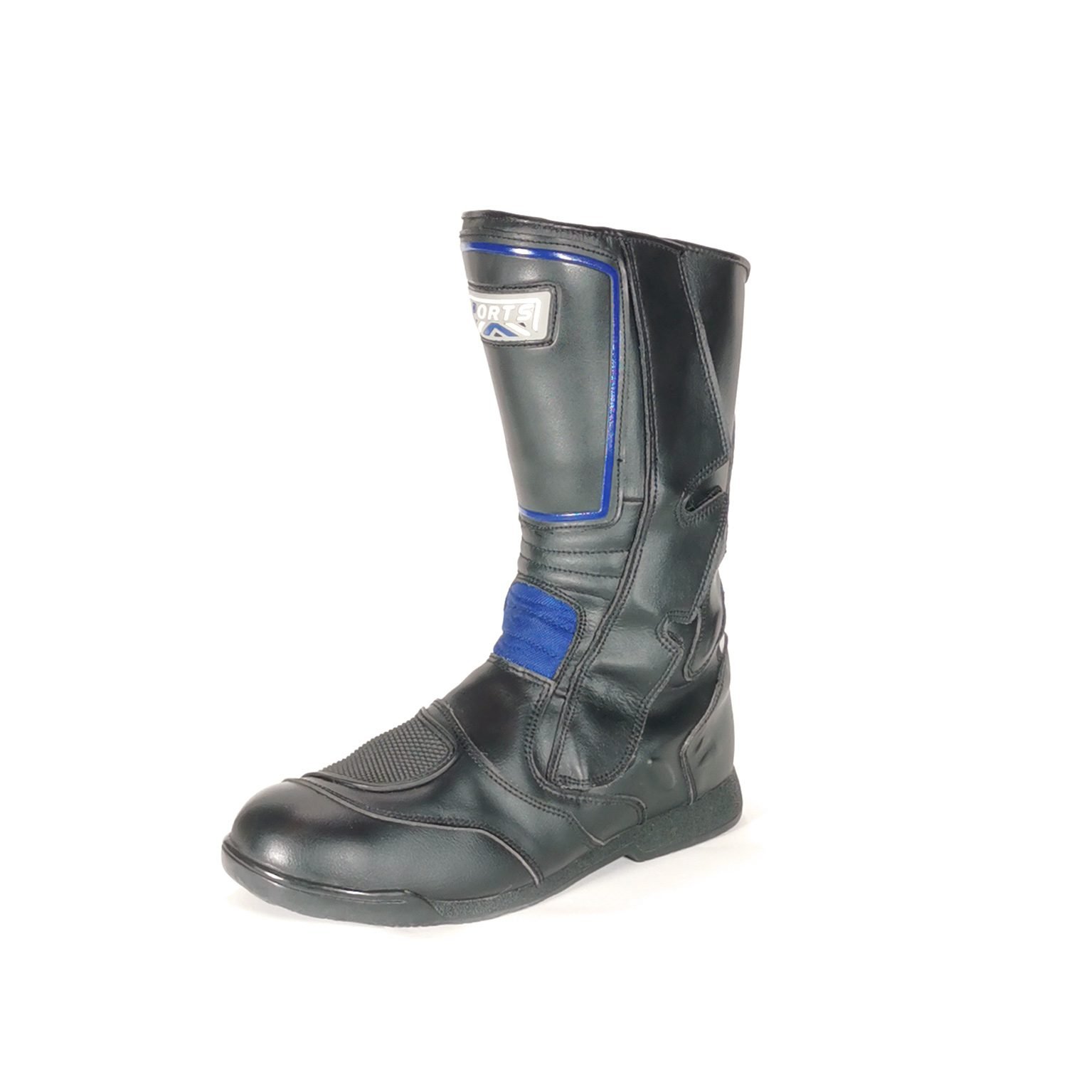 Used black and blue leather sports touring boots in size 43. Condition is fair at 6/10 with small scratches from normal use. Features protection for heel, toes, gear lever, ankle, and shin. The waterproof membrane is no longer functional.
