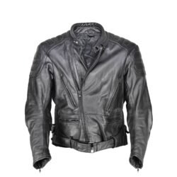 A used black Uvex Sportstyle vintage leather jacket in size 56. In very good condition with only minor aging marks, it features reinforced leather on the elbows, shoulders, and lower back, and a short zipper to connect to pants.