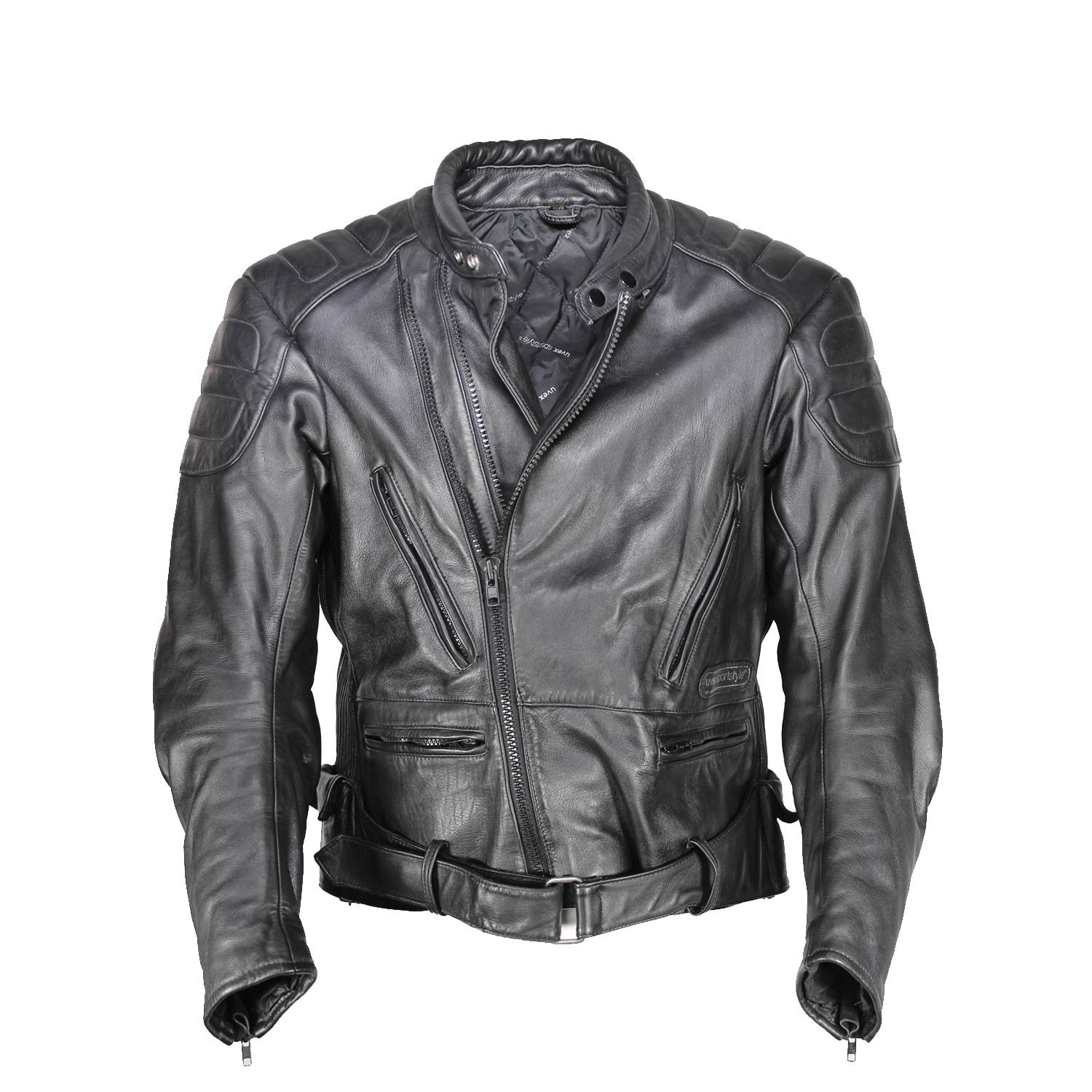A used black Uvex Sportstyle vintage leather jacket in size 56. In very good condition with only minor aging marks, it features reinforced leather on the elbows, shoulders, and lower back, and a short zipper to connect to pants.