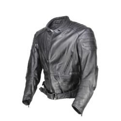 A used black Uvex Sportstyle vintage leather jacket in size 56. In very good condition with only minor aging marks, it features reinforced leather on the elbows, shoulders, and lower back, and a short zipper to connect to pants.