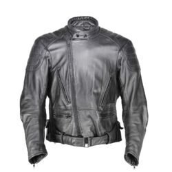 A used black Uvex Sportstyle vintage leather jacket in size 56. In very good condition with only minor aging marks, it features reinforced leather on the elbows, shoulders, and lower back, and a short zipper to connect to pants.