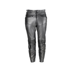 Used Vanucci black leather Café-Racer pants with hip and knee foam protection, featuring connection zippers and perforated ventilation. Shows minor wear and scratches.
