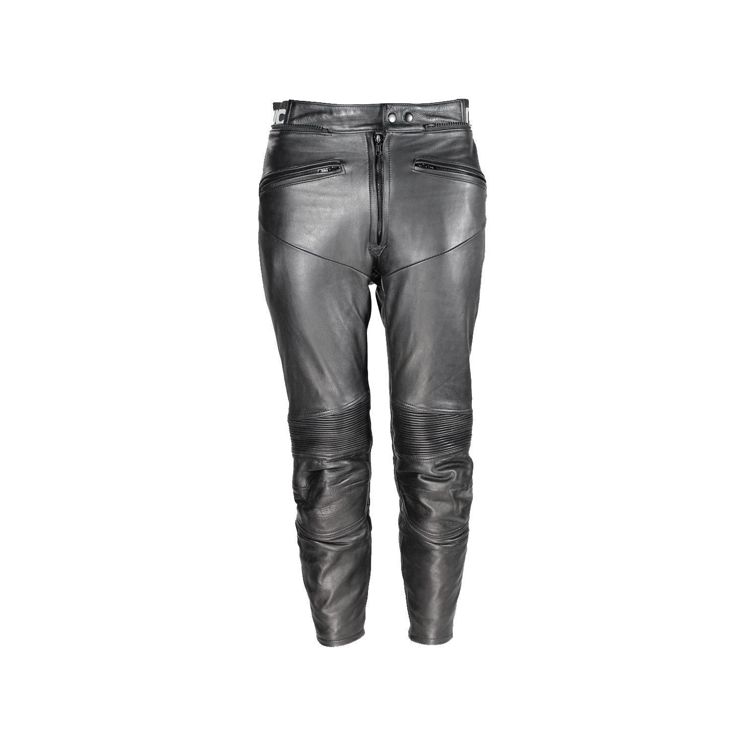 Used Vanucci black leather Café-Racer pants with hip and knee foam protection, featuring connection zippers and perforated ventilation. Shows minor wear and scratches.