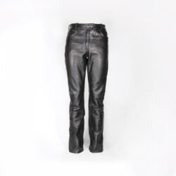 A pair of classic black chopper-style leather motorcycle pants by Vanucci, size 40. They are in very good condition with no visible defects, featuring an 80 cm inner leg length for a great fit.