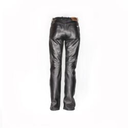 A pair of classic black chopper-style leather motorcycle pants by Vanucci, size 40. They are in very good condition with no visible defects, featuring an 80 cm inner leg length for a great fit.