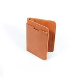 A sleek cognac-colored leather men's wallet, open to show multiple card slots and an exterior quick-access card pocket, showcasing its minimalist and sophisticated design.