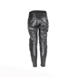 Used women's black leather Café-Racer pants with hip and knee foam protection, perforated leather behind the knees, and a combi-jacket connection zipper.