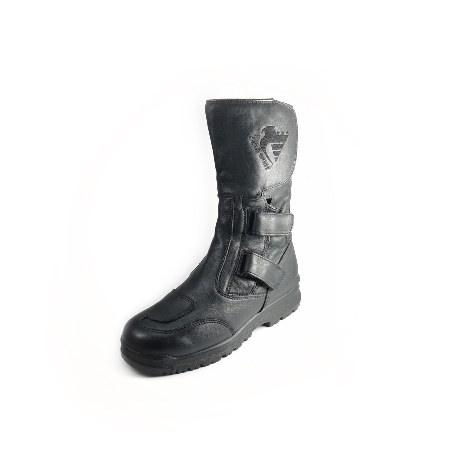 Used Cycle Spirit CS Touring III black leather touring boots with heel, toe, and sole protection, showing very minor wear marks.