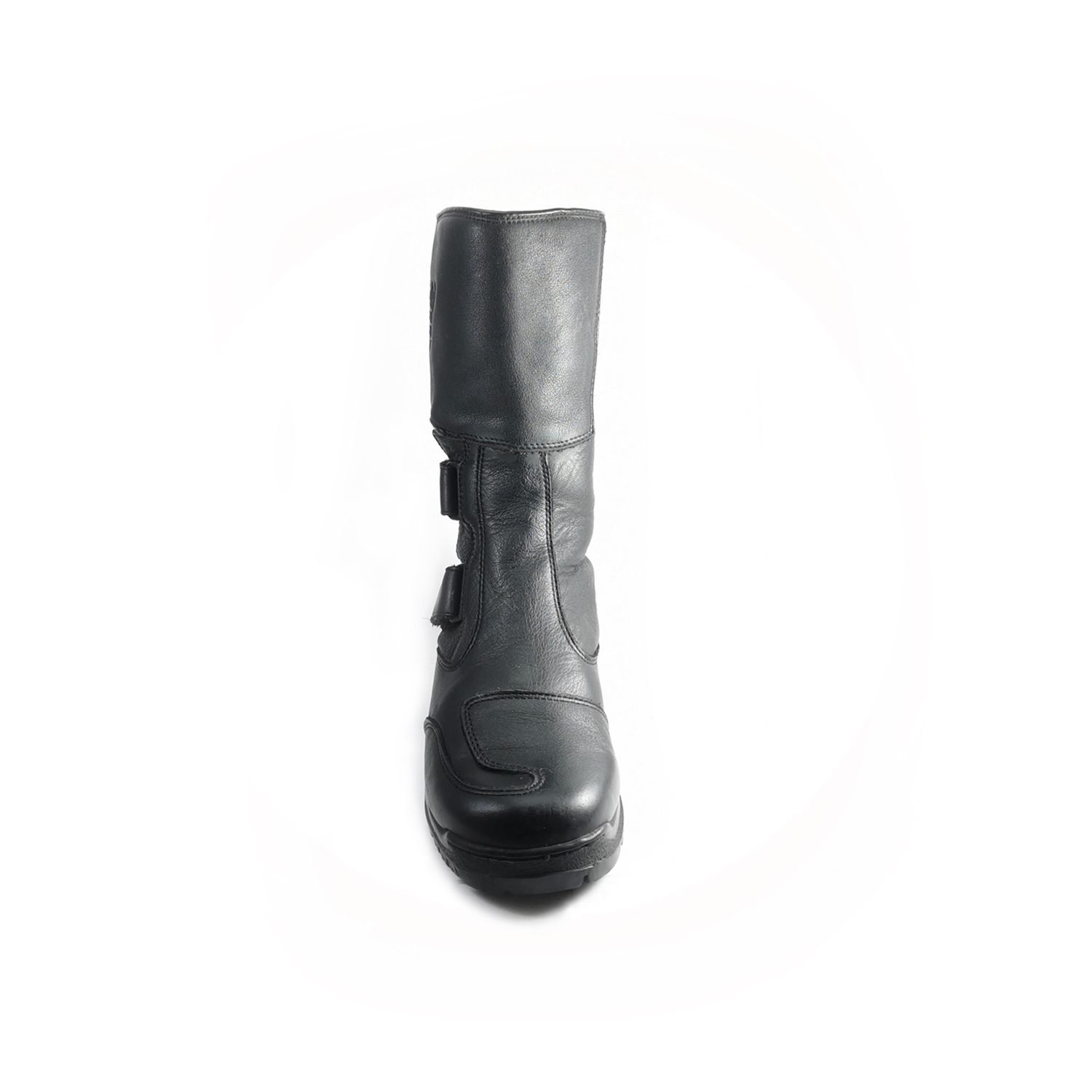 Used Cycle Spirit CS Touring III black leather touring boots with heel, toe, and sole protection, showing very minor wear marks.