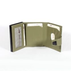 A slim, modern men's wallet with a pop-up card mechanism, multiple compartments, and RFID protection, shown in a gift box