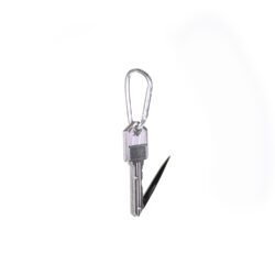 A compact silver retractable blade keychain, shown with the blade deployed and retracted, highlighting its discreet design and safety lock mechanism.