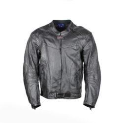 Used Rider-Tec black leather touring jacket with shoulder, elbow, and back protection, ventilation vents, and a combi-jacket connection zipper. Shows minor wear marks.