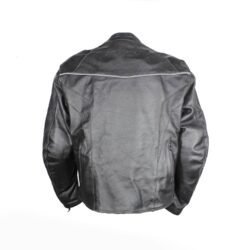 Used Rider-Tec black leather touring jacket with shoulder, elbow, and back protection, ventilation vents, and a combi-jacket connection zipper. Shows minor wear marks.