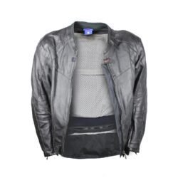 Used Rider-Tec black leather touring jacket with shoulder, elbow, and back protection, ventilation vents, and a combi-jacket connection zipper. Shows minor wear marks.