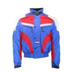 Used Axo Classic vintage-style jacket in blue and red textile with removable sleeves, shoulder, elbow, and back protectors, and a removable thermal liner.