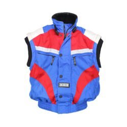 Used Axo Classic vintage-style jacket in blue and red textile with removable sleeves, shoulder, elbow, and back protectors, and a removable thermal liner.
