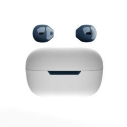 A pair of Bentley Blue wireless earbuds sitting inside a matching, open charging case.