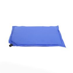 A compact, rolled-up blue self-inflating seat cushion with a compression strap.