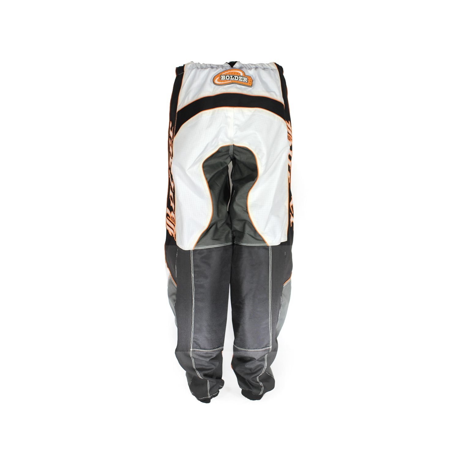 Used Bolder black and white cross pants with removable hip protectors and a Cordura waterproof membrane, showing minor wear and slight fading.