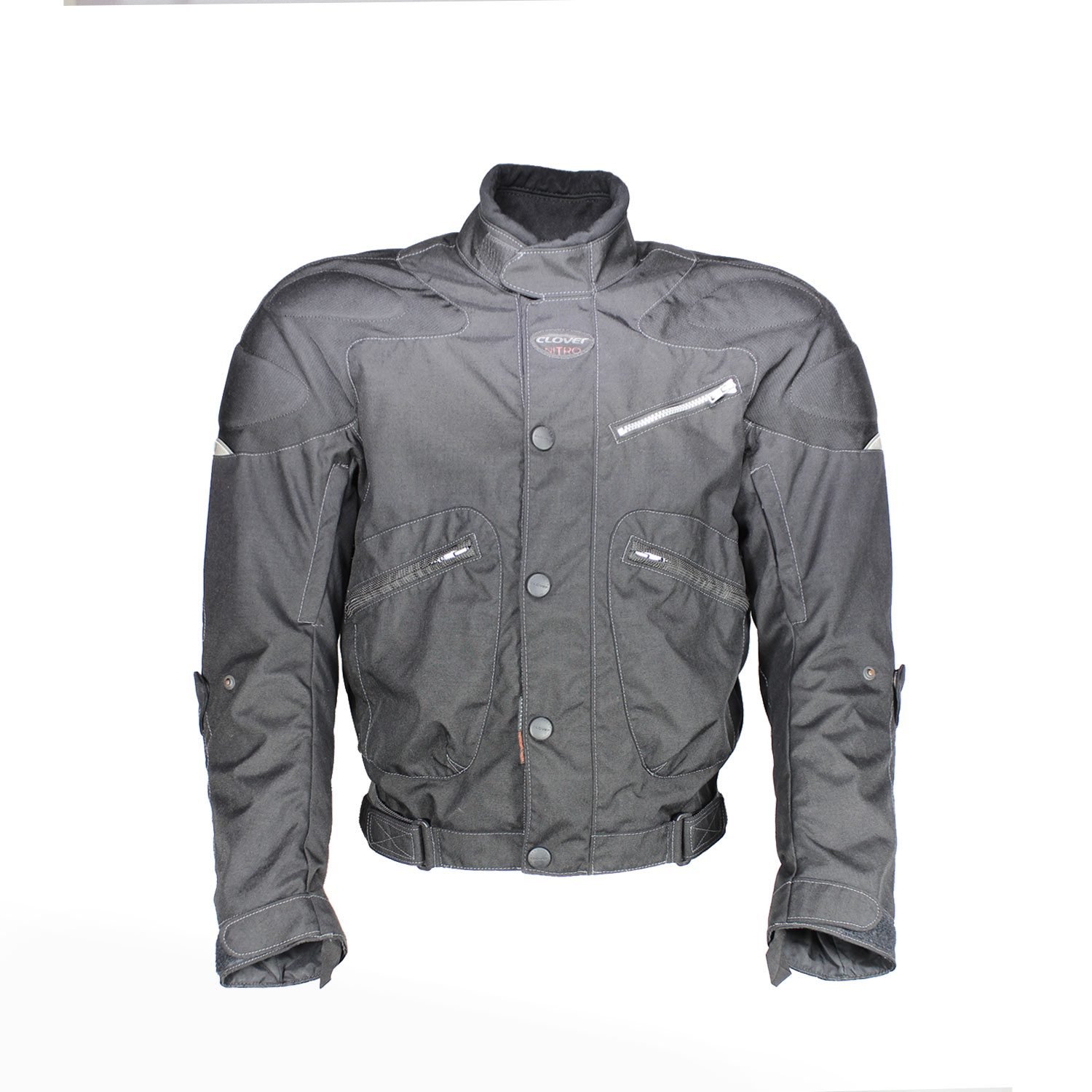 Used Clover black textile touring jacket with shoulder, elbow, and back protection, a waterproof membrane, a thermal liner, and reflective details.