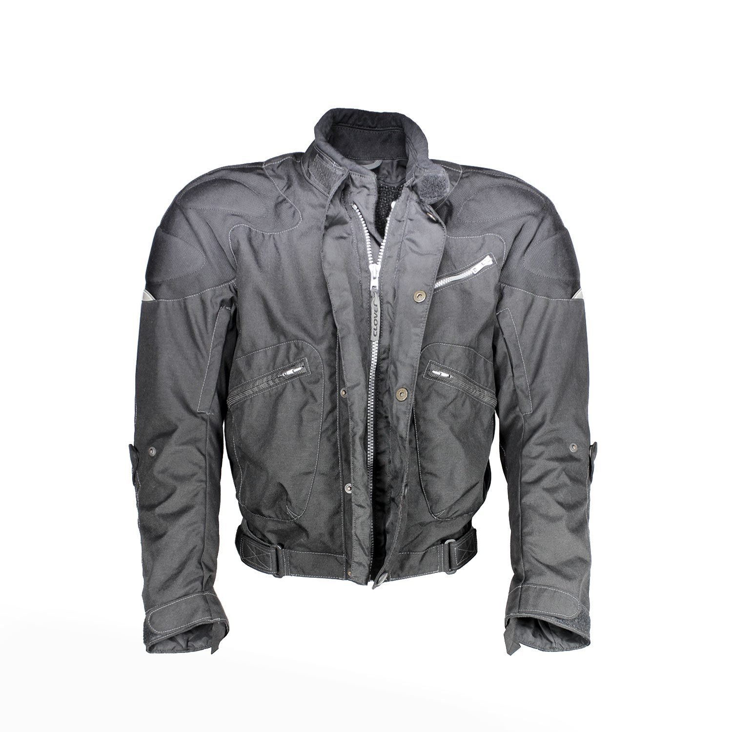 Used Clover black textile touring jacket with shoulder, elbow, and back protection, a waterproof membrane, a thermal liner, and reflective details.