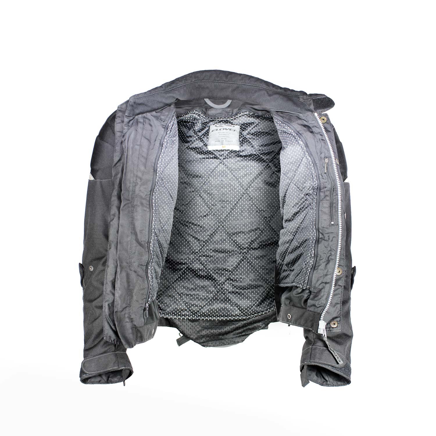 Used Clover black textile touring jacket with shoulder, elbow, and back protection, a waterproof membrane, a thermal liner, and reflective details.