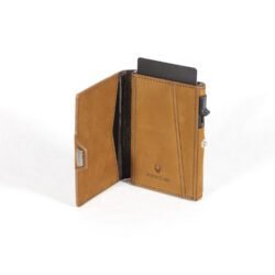 A folded, black leather minimalist wallet, shown open to display interior card slots and a central cash strap.