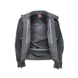 Used Dainese black textile touring jacket with certified composite shoulder and elbow protectors, ventilation vents, and a jacket-pants connection zip.